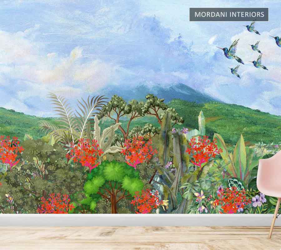 SKY BLUE & FLORAL LEAVES TROPICAL WALL MURALS _ M